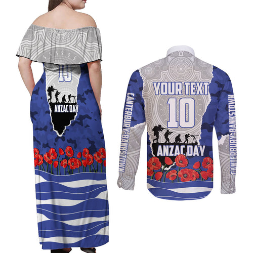 Personalized Bulldogs ANZAC Tribute Couples Matching Off Shoulder Maxi Dress and Long Sleeve Button Shirt Poppy Field Soldier Silhouette Aboriginal Rugby Mascot