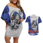 Personalized Bulldogs ANZAC Tribute Couples Matching Off Shoulder Short Dress and Hawaiian Shirt Poppy Field Soldier Silhouette Aboriginal Rugby Mascot