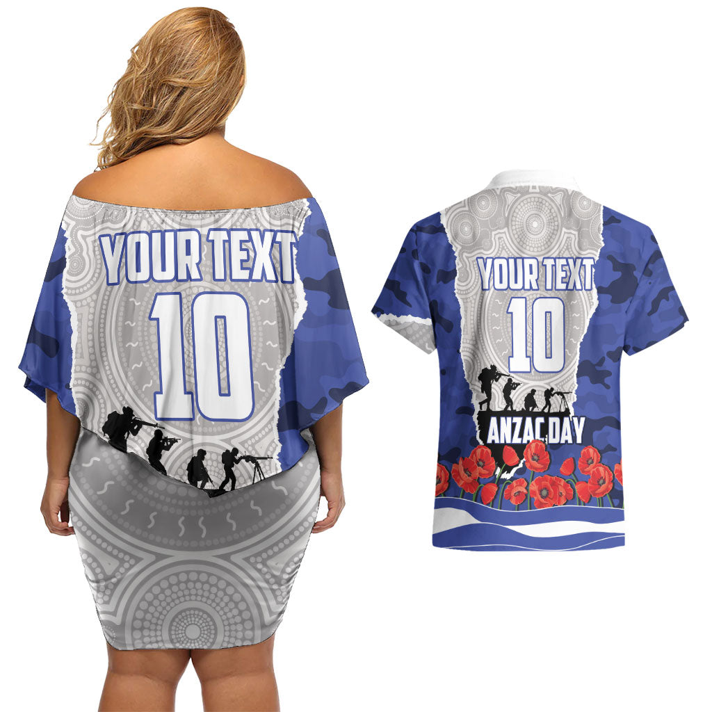 Personalized Bulldogs ANZAC Tribute Couples Matching Off Shoulder Short Dress and Hawaiian Shirt Poppy Field Soldier Silhouette Aboriginal Rugby Mascot