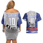 Personalized Bulldogs ANZAC Tribute Couples Matching Off Shoulder Short Dress and Hawaiian Shirt Poppy Field Soldier Silhouette Aboriginal Rugby Mascot