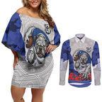 Personalized Bulldogs ANZAC Tribute Couples Matching Off Shoulder Short Dress and Long Sleeve Button Shirt Poppy Field Soldier Silhouette Aboriginal Rugby Mascot