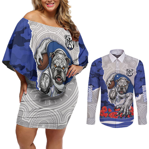 Personalized Bulldogs ANZAC Tribute Couples Matching Off Shoulder Short Dress and Long Sleeve Button Shirt Poppy Field Soldier Silhouette Aboriginal Rugby Mascot