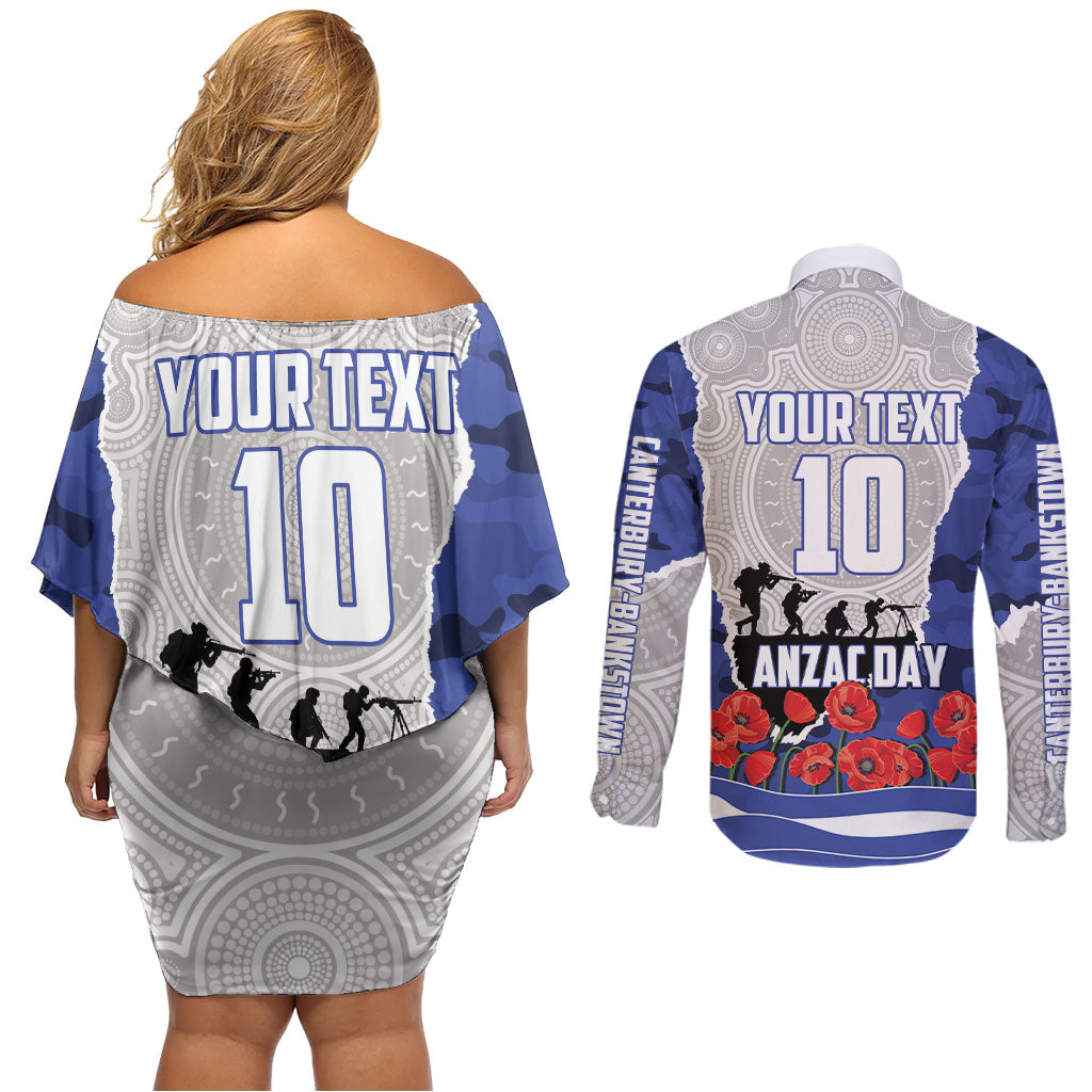 Personalized Bulldogs ANZAC Tribute Couples Matching Off Shoulder Short Dress and Long Sleeve Button Shirt Poppy Field Soldier Silhouette Aboriginal Rugby Mascot