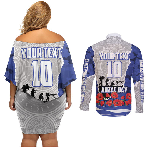 Personalized Bulldogs ANZAC Tribute Couples Matching Off Shoulder Short Dress and Long Sleeve Button Shirt Poppy Field Soldier Silhouette Aboriginal Rugby Mascot