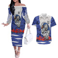 Personalized Bulldogs ANZAC Tribute Couples Matching Off The Shoulder Long Sleeve Dress and Hawaiian Shirt Poppy Field Soldier Silhouette Aboriginal Rugby Mascot