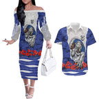 Personalized Bulldogs ANZAC Tribute Couples Matching Off The Shoulder Long Sleeve Dress and Hawaiian Shirt Poppy Field Soldier Silhouette Aboriginal Rugby Mascot