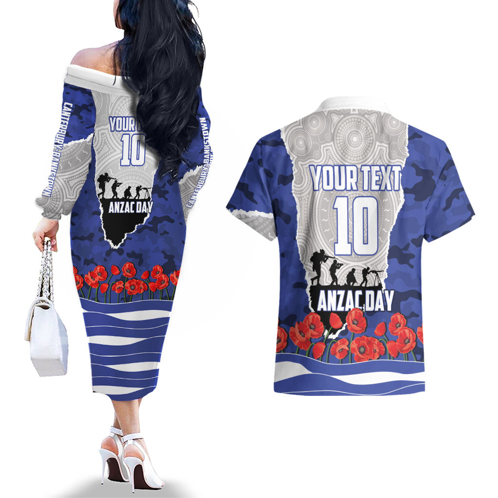 Personalized Bulldogs ANZAC Tribute Couples Matching Off The Shoulder Long Sleeve Dress and Hawaiian Shirt Poppy Field Soldier Silhouette Aboriginal Rugby Mascot