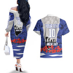 Personalized Bulldogs ANZAC Tribute Couples Matching Off The Shoulder Long Sleeve Dress and Hawaiian Shirt Poppy Field Soldier Silhouette Aboriginal Rugby Mascot