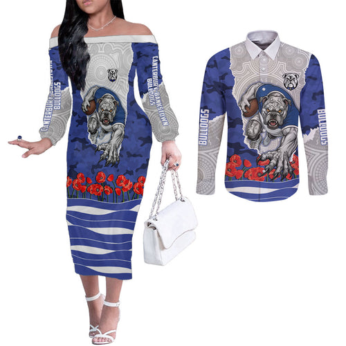 Personalized Bulldogs ANZAC Tribute Couples Matching Off The Shoulder Long Sleeve Dress and Long Sleeve Button Shirt Poppy Field Soldier Silhouette Aboriginal Rugby Mascot