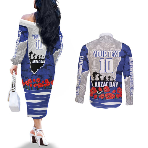 Personalized Bulldogs ANZAC Tribute Couples Matching Off The Shoulder Long Sleeve Dress and Long Sleeve Button Shirt Poppy Field Soldier Silhouette Aboriginal Rugby Mascot