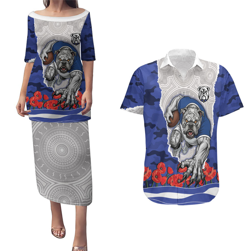 Personalized Bulldogs ANZAC Tribute Couples Matching Puletasi and Hawaiian Shirt Poppy Field Soldier Silhouette Aboriginal Rugby Mascot