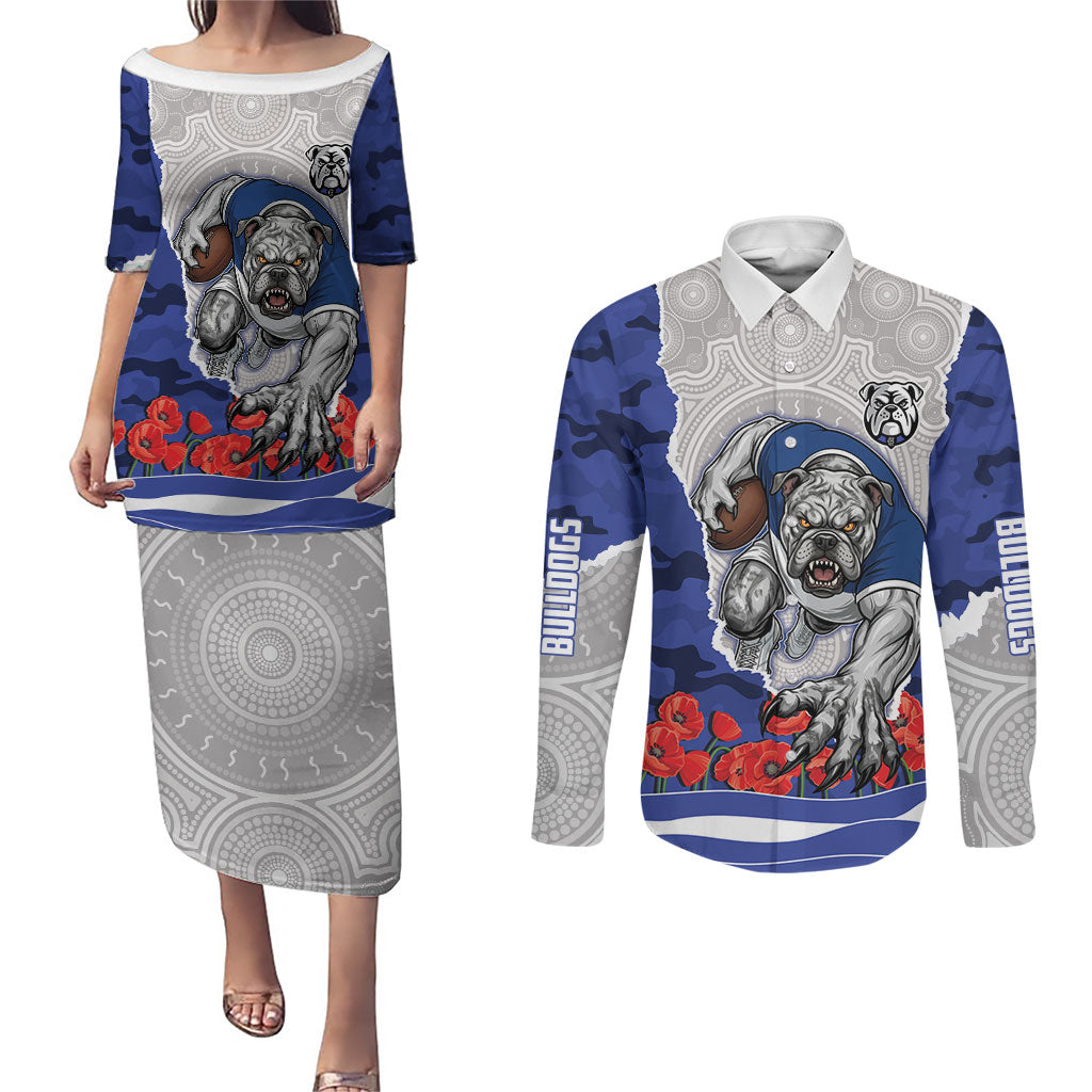 Personalized Bulldogs ANZAC Tribute Couples Matching Puletasi and Long Sleeve Button Shirt Poppy Field Soldier Silhouette Aboriginal Rugby Mascot