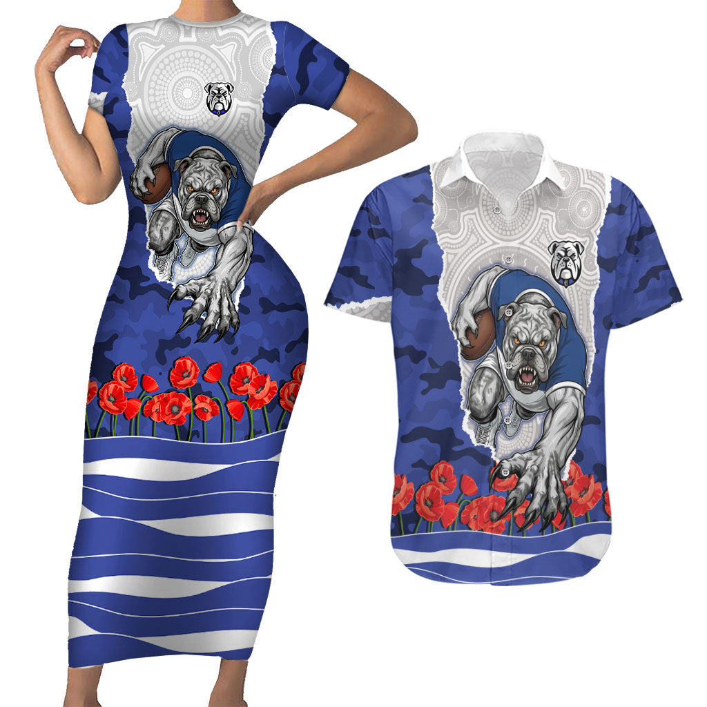 Personalized Bulldogs ANZAC Tribute Couples Matching Short Sleeve Bodycon Dress and Hawaiian Shirt Poppy Field Soldier Silhouette Aboriginal Rugby Mascot
