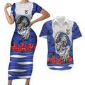Personalized Bulldogs ANZAC Tribute Couples Matching Short Sleeve Bodycon Dress and Hawaiian Shirt Poppy Field Soldier Silhouette Aboriginal Rugby Mascot