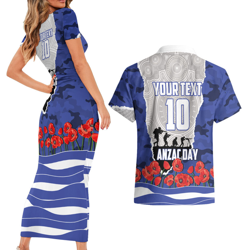Personalized Bulldogs ANZAC Tribute Couples Matching Short Sleeve Bodycon Dress and Hawaiian Shirt Poppy Field Soldier Silhouette Aboriginal Rugby Mascot