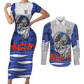 Personalized Bulldogs ANZAC Tribute Couples Matching Short Sleeve Bodycon Dress and Long Sleeve Button Shirt Poppy Field Soldier Silhouette Aboriginal Rugby Mascot