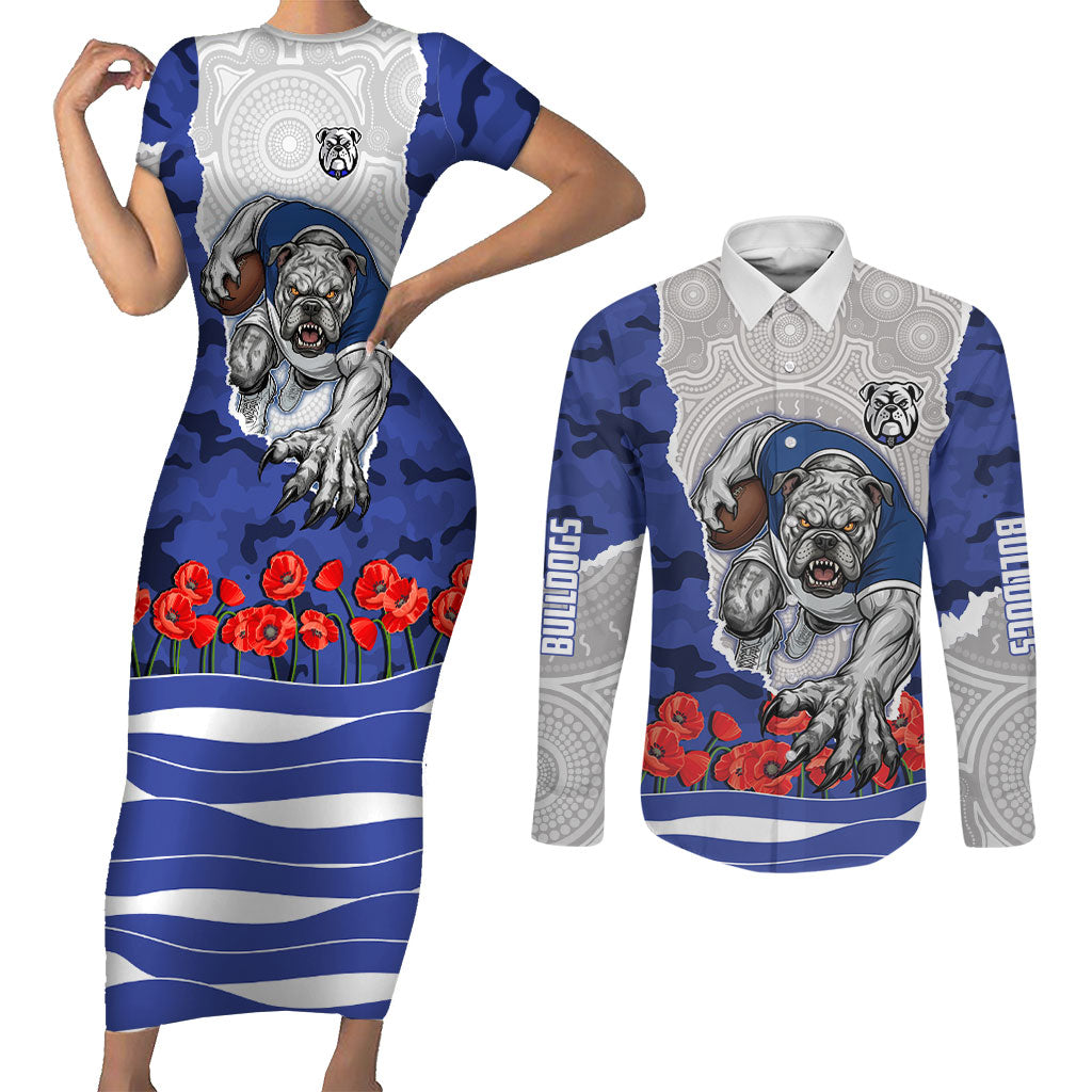 Personalized Bulldogs ANZAC Tribute Couples Matching Short Sleeve Bodycon Dress and Long Sleeve Button Shirt Poppy Field Soldier Silhouette Aboriginal Rugby Mascot