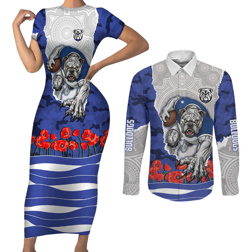 Personalized Bulldogs ANZAC Tribute Couples Matching Short Sleeve Bodycon Dress and Long Sleeve Button Shirt Poppy Field Soldier Silhouette Aboriginal Rugby Mascot
