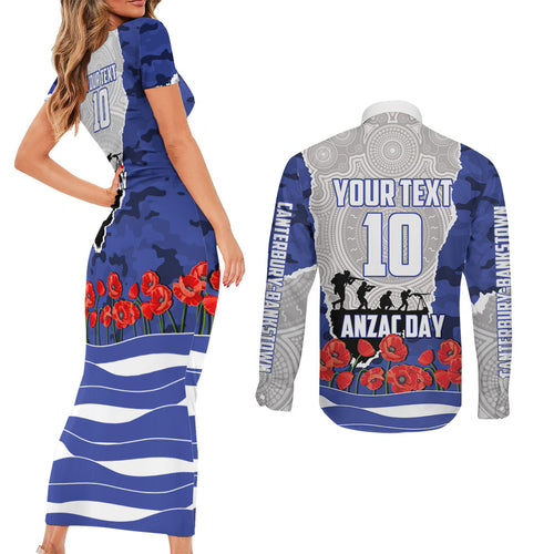 Personalized Bulldogs ANZAC Tribute Couples Matching Short Sleeve Bodycon Dress and Long Sleeve Button Shirt Poppy Field Soldier Silhouette Aboriginal Rugby Mascot