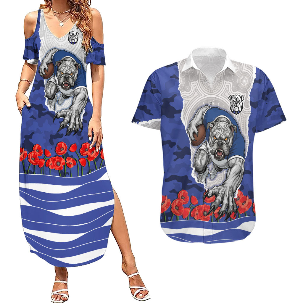 Personalized Bulldogs ANZAC Tribute Couples Matching Summer Maxi Dress and Hawaiian Shirt Poppy Field Soldier Silhouette Aboriginal Rugby Mascot