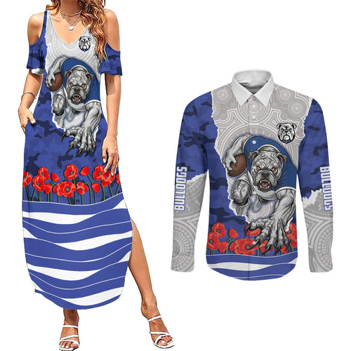 Personalized Bulldogs ANZAC Tribute Couples Matching Summer Maxi Dress and Long Sleeve Button Shirt Poppy Field Soldier Silhouette Aboriginal Rugby Mascot