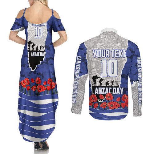 Personalized Bulldogs ANZAC Tribute Couples Matching Summer Maxi Dress and Long Sleeve Button Shirt Poppy Field Soldier Silhouette Aboriginal Rugby Mascot