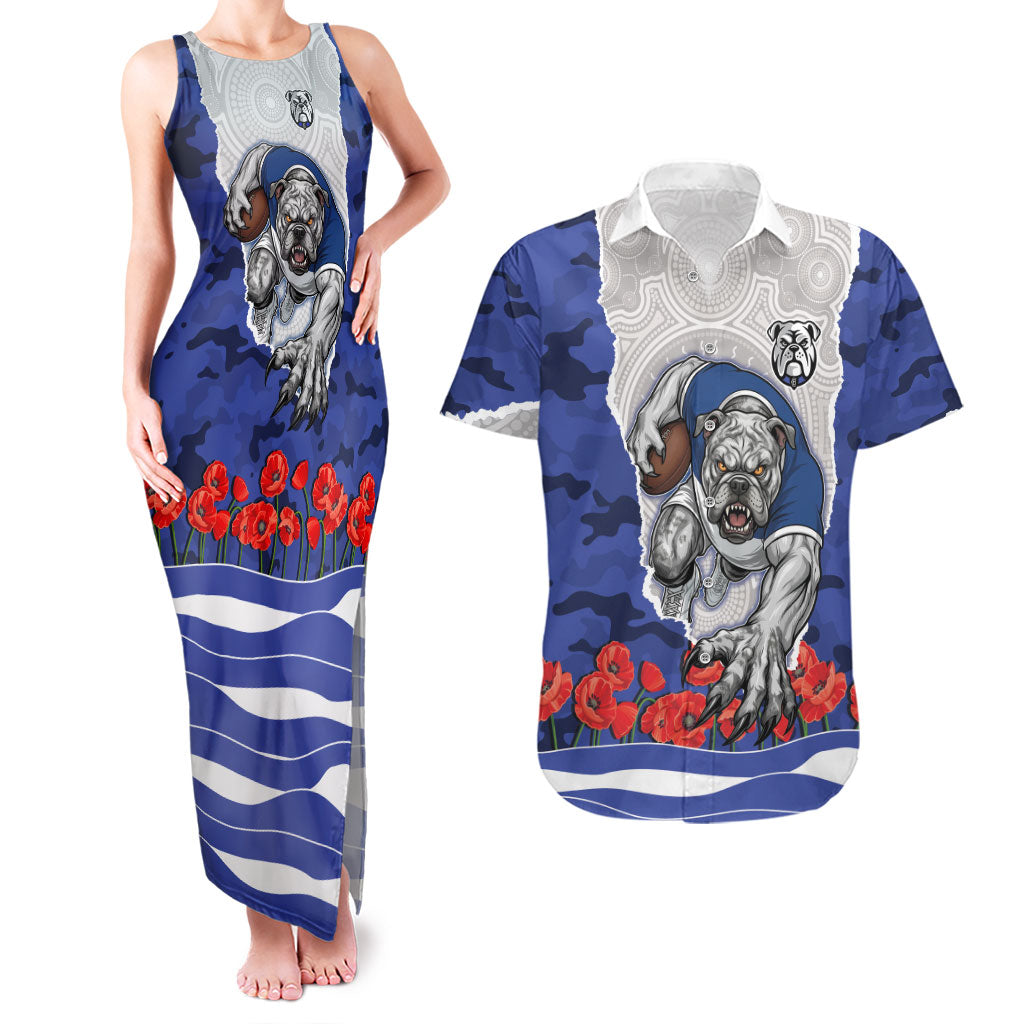 Personalized Bulldogs ANZAC Tribute Couples Matching Tank Maxi Dress and Hawaiian Shirt Poppy Field Soldier Silhouette Aboriginal Rugby Mascot