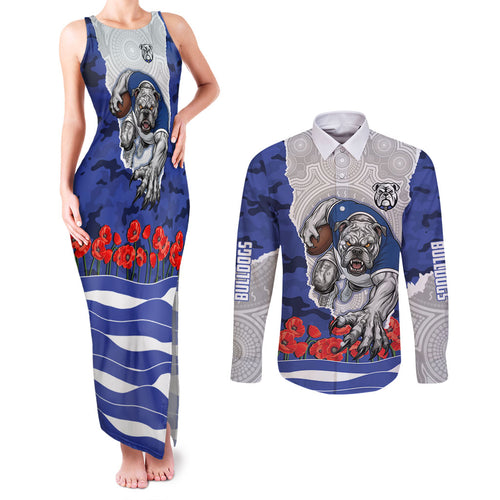 Personalized Bulldogs ANZAC Tribute Couples Matching Tank Maxi Dress and Long Sleeve Button Shirt Poppy Field Soldier Silhouette Aboriginal Rugby Mascot