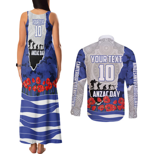 Personalized Bulldogs ANZAC Tribute Couples Matching Tank Maxi Dress and Long Sleeve Button Shirt Poppy Field Soldier Silhouette Aboriginal Rugby Mascot