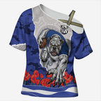 Personalized Bulldogs ANZAC Tribute Cross Shoulder Shirt Poppy Field Soldier Silhouette Aboriginal Rugby Mascot