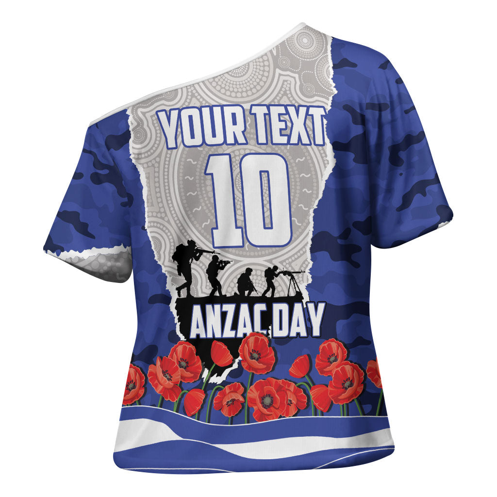Personalized Bulldogs ANZAC Tribute Cross Shoulder Shirt Poppy Field Soldier Silhouette Aboriginal Rugby Mascot
