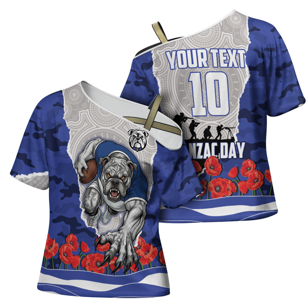 Personalized Bulldogs ANZAC Tribute Cross Shoulder Shirt Poppy Field Soldier Silhouette Aboriginal Rugby Mascot