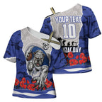 Personalized Bulldogs ANZAC Tribute Cross Shoulder Shirt Poppy Field Soldier Silhouette Aboriginal Rugby Mascot