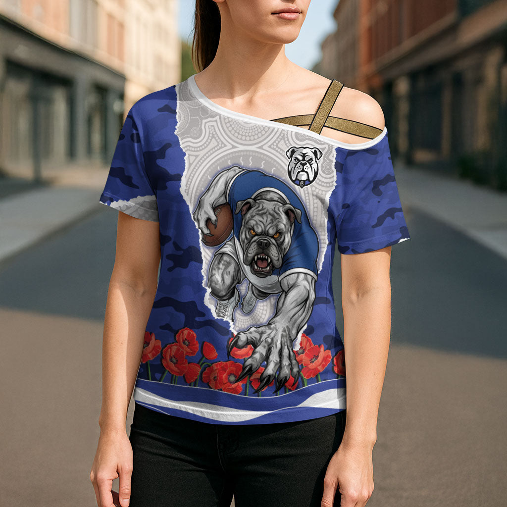 Personalized Bulldogs ANZAC Tribute Cross Shoulder Shirt Poppy Field Soldier Silhouette Aboriginal Rugby Mascot