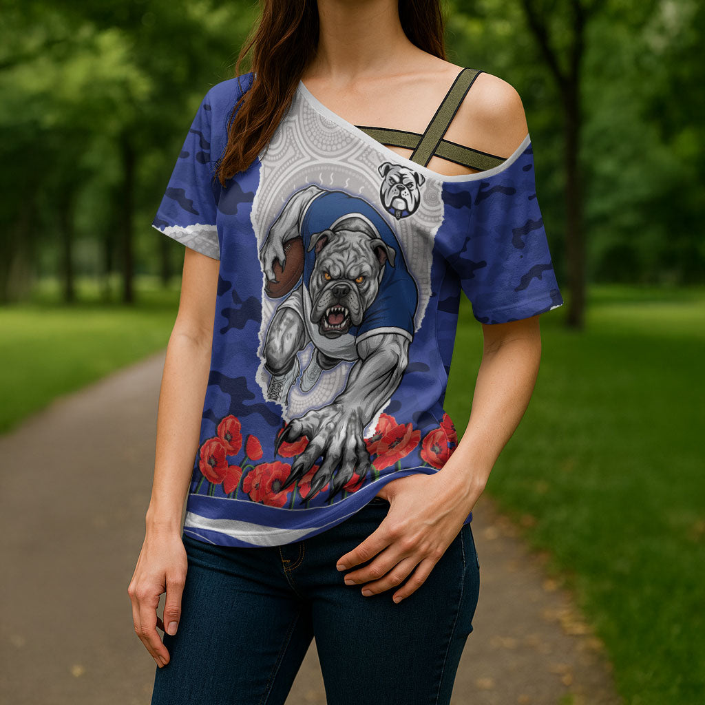 Personalized Bulldogs ANZAC Tribute Cross Shoulder Shirt Poppy Field Soldier Silhouette Aboriginal Rugby Mascot