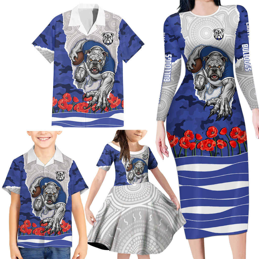 Personalized Bulldogs ANZAC Tribute Family Matching Long Sleeve Bodycon Dress and Hawaiian Shirt Poppy Field Soldier Silhouette Aboriginal Rugby Mascot
