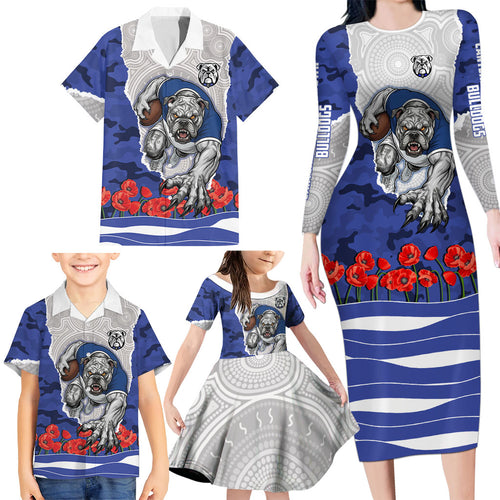 Personalized Bulldogs ANZAC Tribute Family Matching Long Sleeve Bodycon Dress and Hawaiian Shirt Poppy Field Soldier Silhouette Aboriginal Rugby Mascot