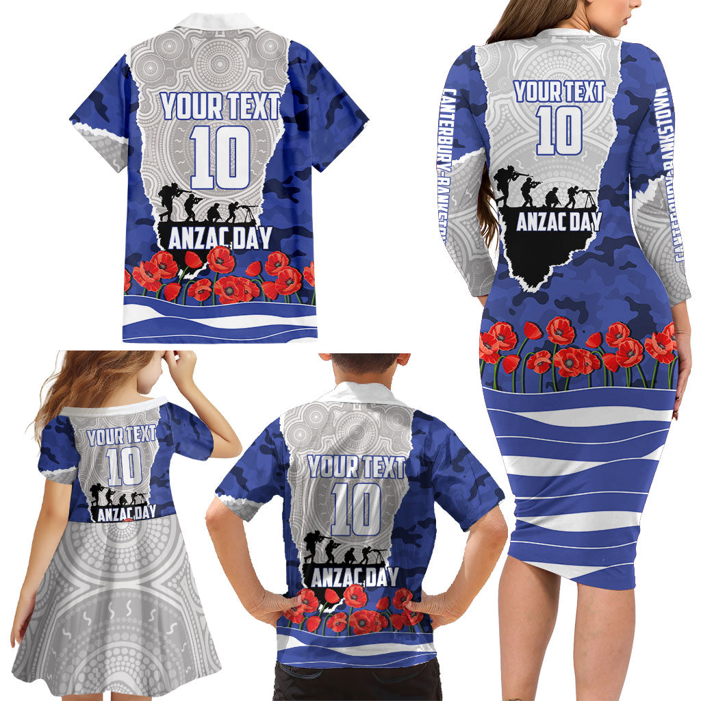 Personalized Bulldogs ANZAC Tribute Family Matching Long Sleeve Bodycon Dress and Hawaiian Shirt Poppy Field Soldier Silhouette Aboriginal Rugby Mascot