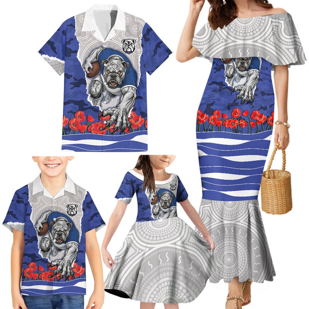 Personalized Bulldogs ANZAC Tribute Family Matching Mermaid Dress and Hawaiian Shirt Poppy Field Soldier Silhouette Aboriginal Rugby Mascot