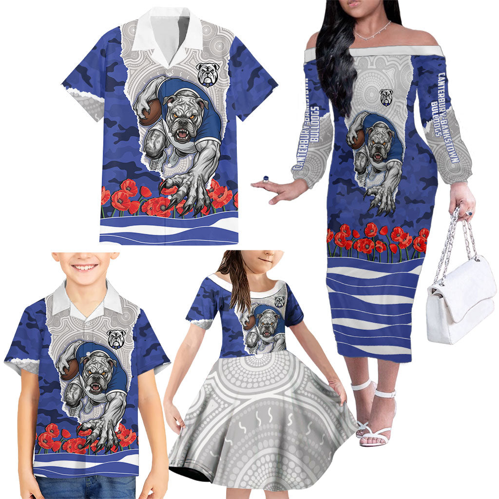 Personalized Bulldogs ANZAC Tribute Family Matching Off The Shoulder Long Sleeve Dress and Hawaiian Shirt Poppy Field Soldier Silhouette Aboriginal Rugby Mascot