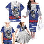 Personalized Bulldogs ANZAC Tribute Family Matching Off The Shoulder Long Sleeve Dress and Hawaiian Shirt Poppy Field Soldier Silhouette Aboriginal Rugby Mascot