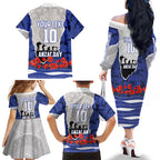 Personalized Bulldogs ANZAC Tribute Family Matching Off The Shoulder Long Sleeve Dress and Hawaiian Shirt Poppy Field Soldier Silhouette Aboriginal Rugby Mascot