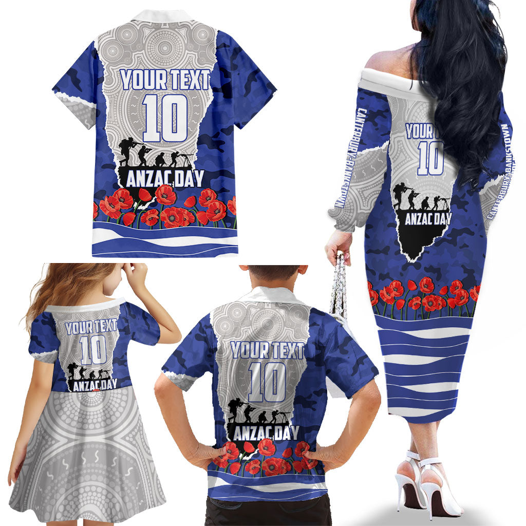 Personalized Bulldogs ANZAC Tribute Family Matching Off The Shoulder Long Sleeve Dress and Hawaiian Shirt Poppy Field Soldier Silhouette Aboriginal Rugby Mascot