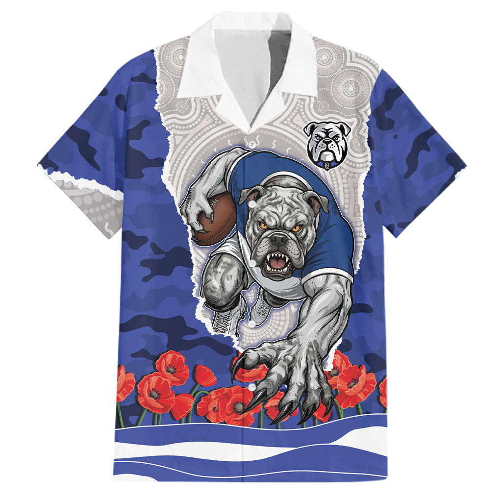 Personalized Bulldogs ANZAC Tribute Family Matching Off The Shoulder Long Sleeve Dress and Hawaiian Shirt Poppy Field Soldier Silhouette Aboriginal Rugby Mascot