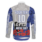 Personalized Bulldogs ANZAC Tribute Family Matching Off The Shoulder Long Sleeve Dress and Hawaiian Shirt Poppy Field Soldier Silhouette Aboriginal Rugby Mascot