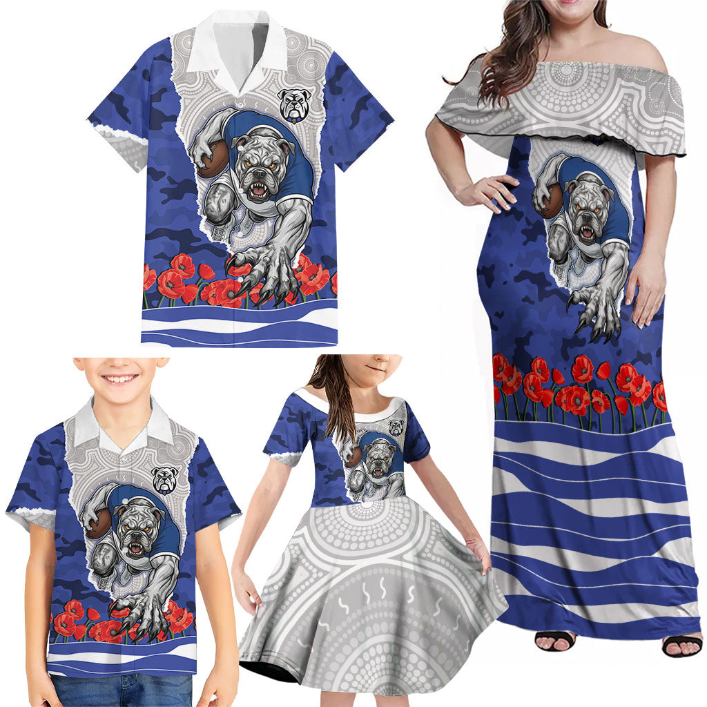 Personalized Bulldogs ANZAC Tribute Family Matching Off Shoulder Maxi Dress and Hawaiian Shirt Poppy Field Soldier Silhouette Aboriginal Rugby Mascot