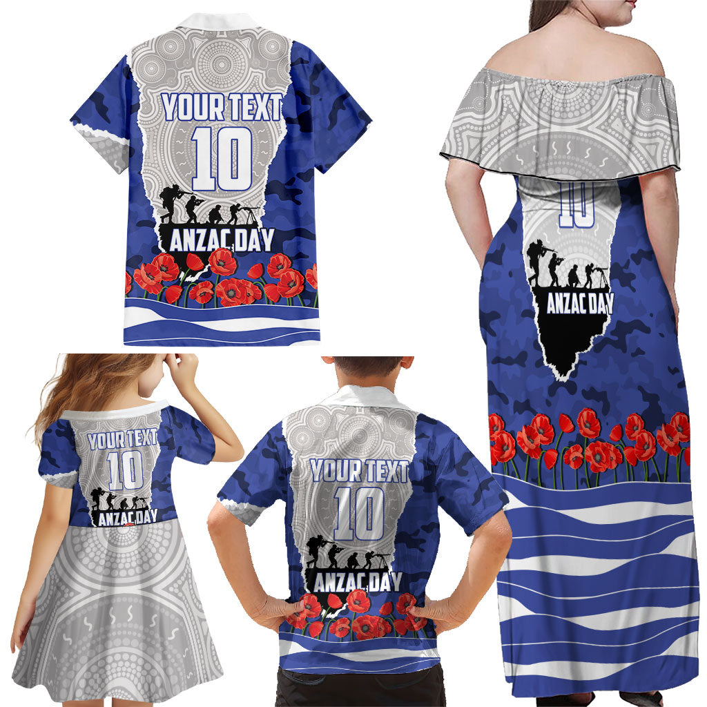 Personalized Bulldogs ANZAC Tribute Family Matching Off Shoulder Maxi Dress and Hawaiian Shirt Poppy Field Soldier Silhouette Aboriginal Rugby Mascot