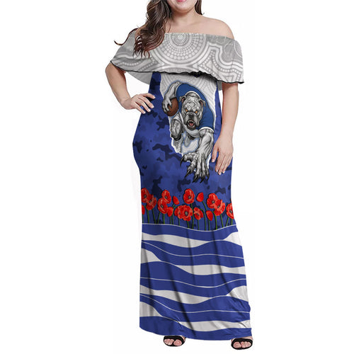 Personalized Bulldogs ANZAC Tribute Family Matching Off Shoulder Maxi Dress and Hawaiian Shirt Poppy Field Soldier Silhouette Aboriginal Rugby Mascot