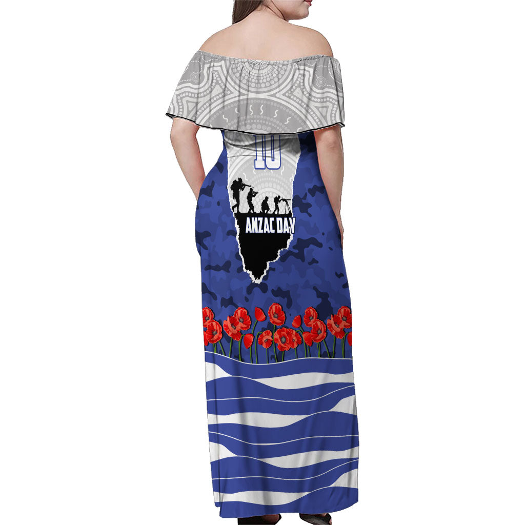 Personalized Bulldogs ANZAC Tribute Family Matching Off Shoulder Maxi Dress and Hawaiian Shirt Poppy Field Soldier Silhouette Aboriginal Rugby Mascot