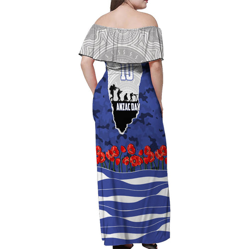Personalized Bulldogs ANZAC Tribute Family Matching Off Shoulder Maxi Dress and Hawaiian Shirt Poppy Field Soldier Silhouette Aboriginal Rugby Mascot